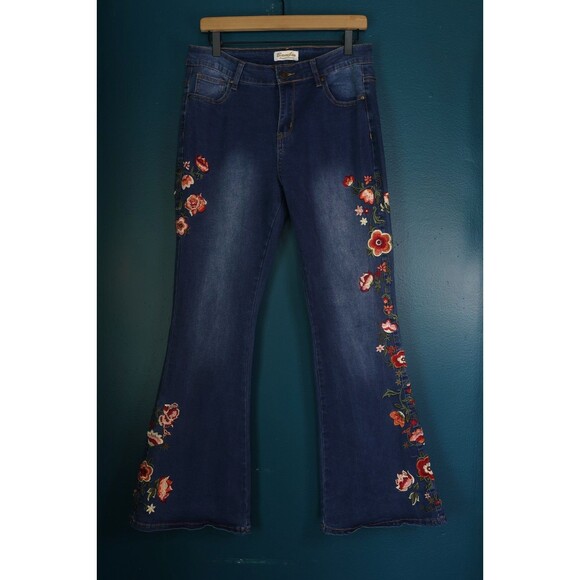 Bamboo Denim Bell Bottom Jeans Dark Wash Stretch Embroidered Floral Boho Cowgirl - Picture 1 of 15